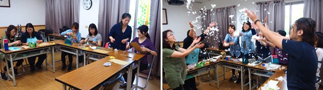 (Left)Teachers shared and generated more ideas through group discussion. (Right)The same act may bring different results for different situations. The purpose of the activity “spreading paper fragments” in our course was to help rebellious students become engaged.